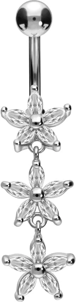 PIERCINGLINE Titanium Belly Button Piercing 925 Silver Design CRYSTAL FLOWERS