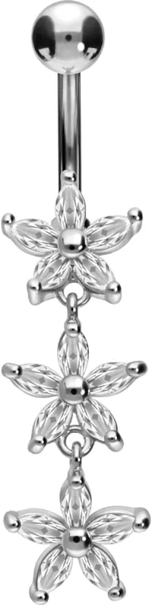 PIERCINGLINE Titanium Belly Button Piercing 925 Silver Design CRYSTAL FLOWERS