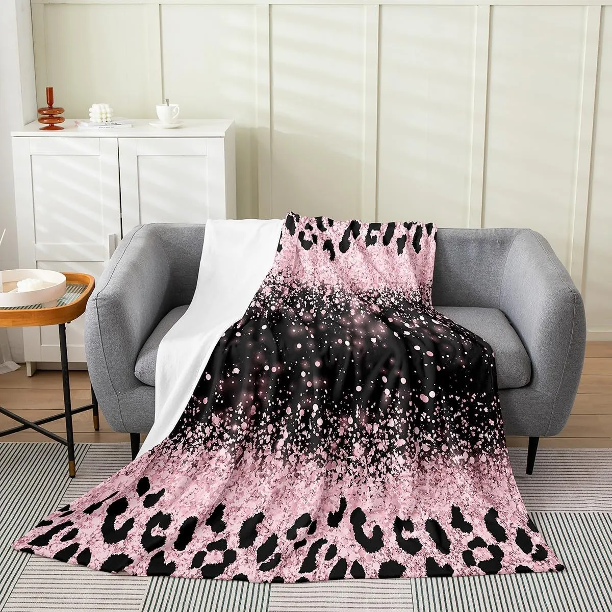 Pink Black Leopard Glitter Flannel Fleece Throw Blanket Throw 50"x60" Ombre Pink (Not Glitter) Fuzzy Blanket Glitter Silver Fashion Plush Blanket Glam Glitter Art Prints All Season Bed Blanket