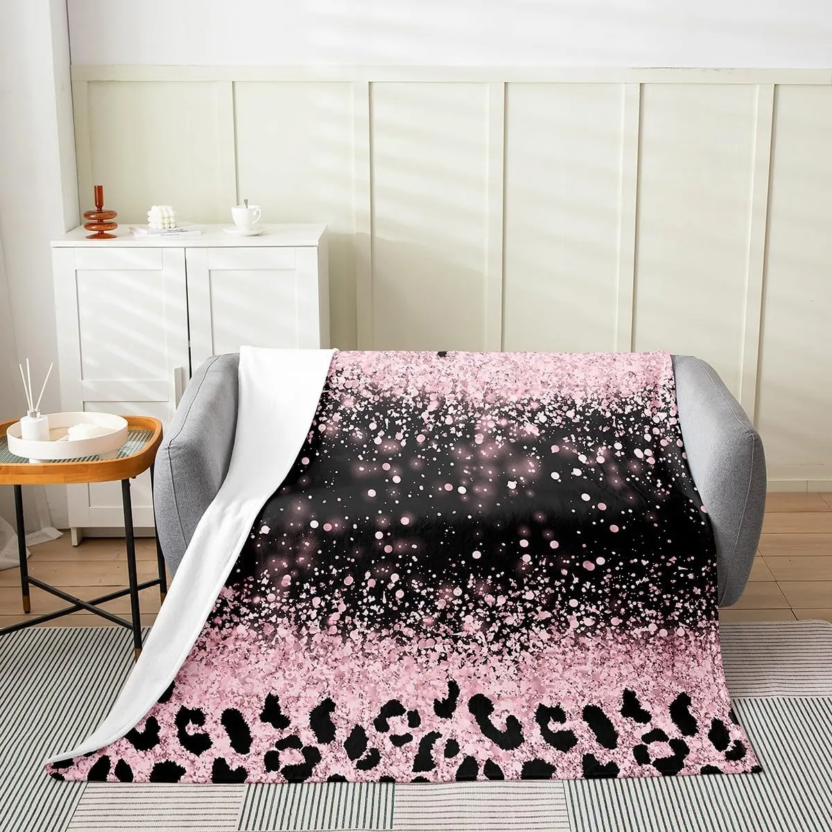 Pink Black Leopard Glitter Flannel Fleece Throw Blanket Throw 50"x60" Ombre Pink (Not Glitter) Fuzzy Blanket Glitter Silver Fashion Plush Blanket Glam Glitter Art Prints All Season Bed Blanket