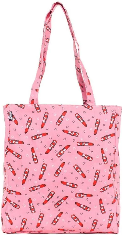 Pink Lipstick and Heart Tote Bag Purse from Sourpuss Clothing, Multicolored, Approximately 12" x 15" x 4"