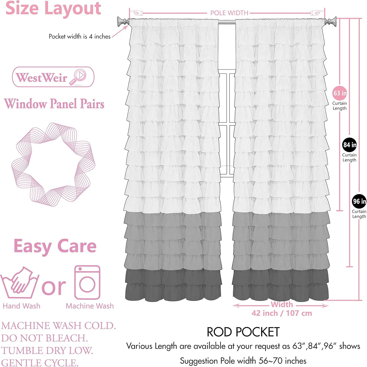Pink Ruffle Curtains - Set of 2 Panels,Silver Glitter for Living Room 42 inches x 63 inches
