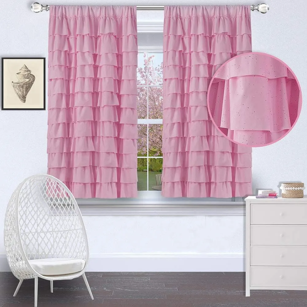 Pink Ruffle Curtains - Set of 2 Panels,Silver Glitter for Living Room 42 inches x 63 inches