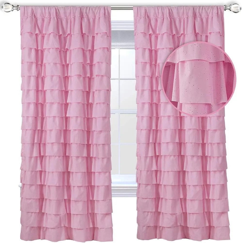 Pink Ruffle Curtains - Set of 2 Panels,Silver Glitter for Living Room 42 inches x 63 inches