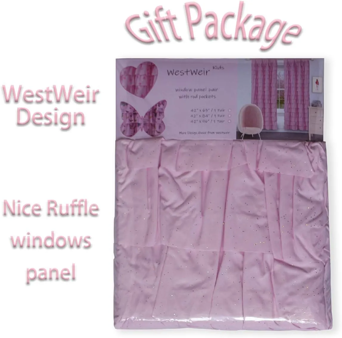 Pink Ruffle Curtains - Set of 2 Panels,Silver Glitter for Living Room 42 inches x 63 inches