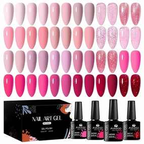 Pink Gel Nail Polish Set 24 Colors Hot Pink Shades Neon Pink Light Bright Pink Glitter Red Nude Skin Tones Neutral Nail Art Design for Women Girl Nail Lovers Gift Salon DIY