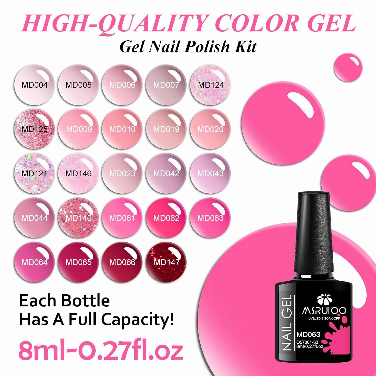Pink Gel Nail Polish Set 24 Colors Hot Pink Shades Neon Pink Light Bright Pink Glitter Red Nude Skin Tones Neutral Nail Art Design for Women Girl Nail Lovers Gift Salon DIY