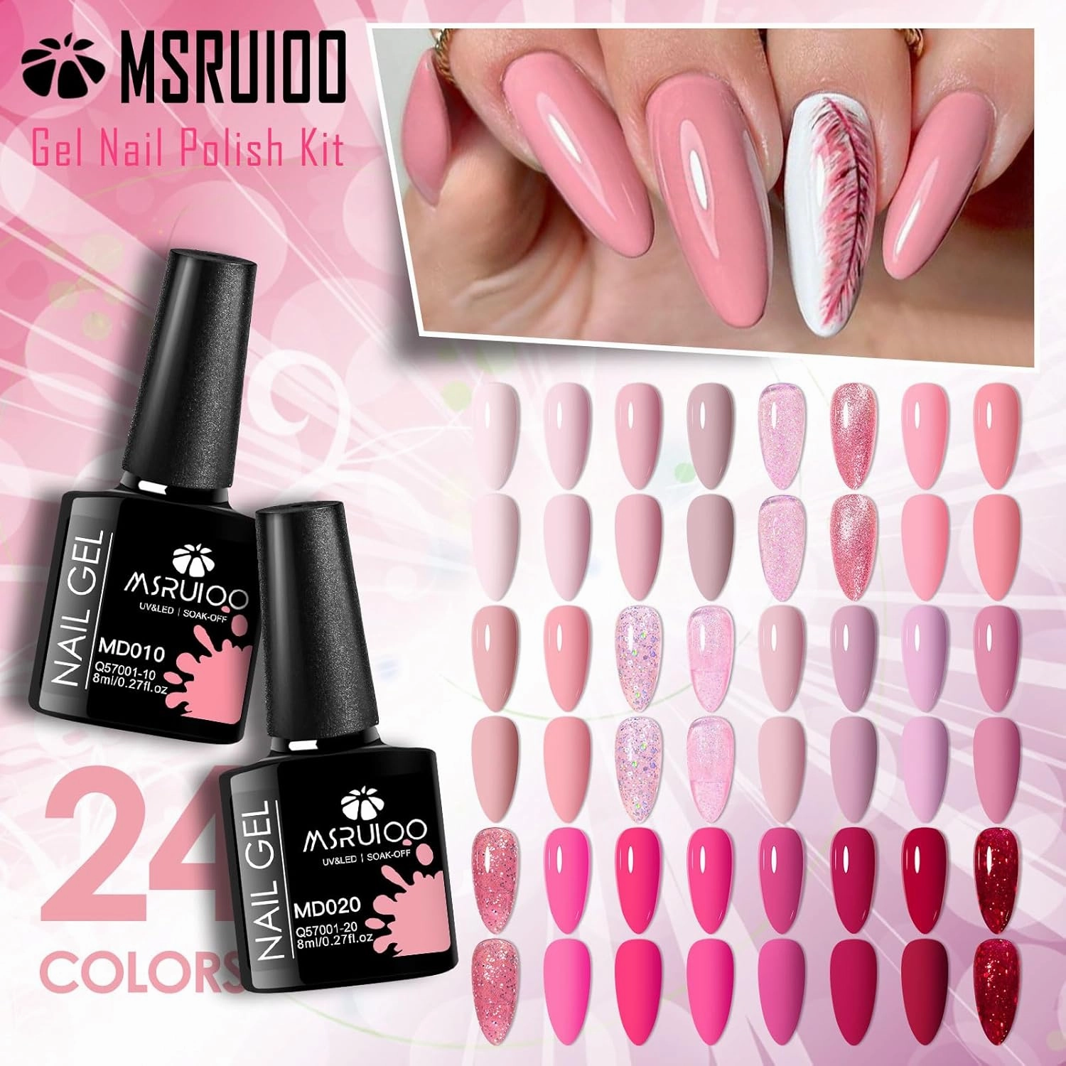 Pink Gel Nail Polish Set 24 Colors Hot Pink Shades Neon Pink Light Bright Pink Glitter Red Nude Skin Tones Neutral Nail Art Design for Women Girl Nail Lovers Gift Salon DIY