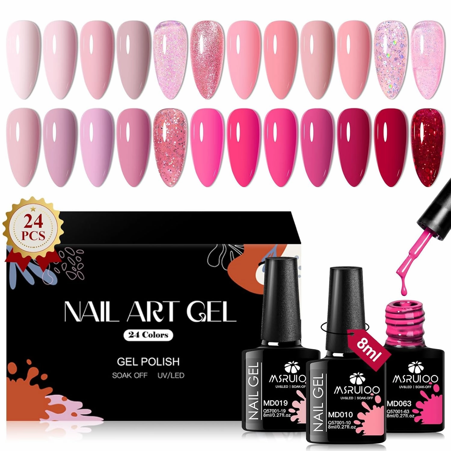 Pink Gel Nail Polish Set 24 Colors Hot Pink Shades Neon Pink Light Bright Pink Glitter Red Nude Skin Tones Neutral Nail Art Design for Women Girl Nail Lovers Gift Salon DIY