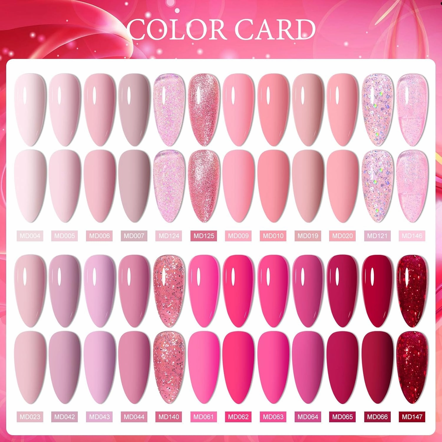 Pink Gel Nail Polish Set 24 Colors Hot Pink Shades Neon Pink Light Bright Pink Glitter Red Nude Skin Tones Neutral Nail Art Design for Women Girl Nail Lovers Gift Salon DIY