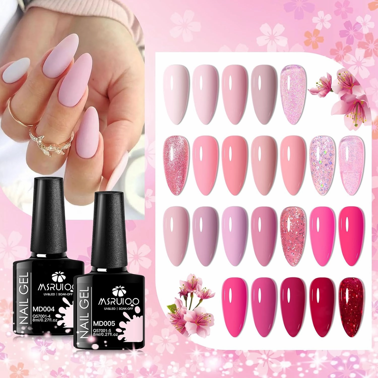 Pink Gel Nail Polish Set 24 Colors Hot Pink Shades Neon Pink Light Bright Pink Glitter Red Nude Skin Tones Neutral Nail Art Design for Women Girl Nail Lovers Gift Salon DIY