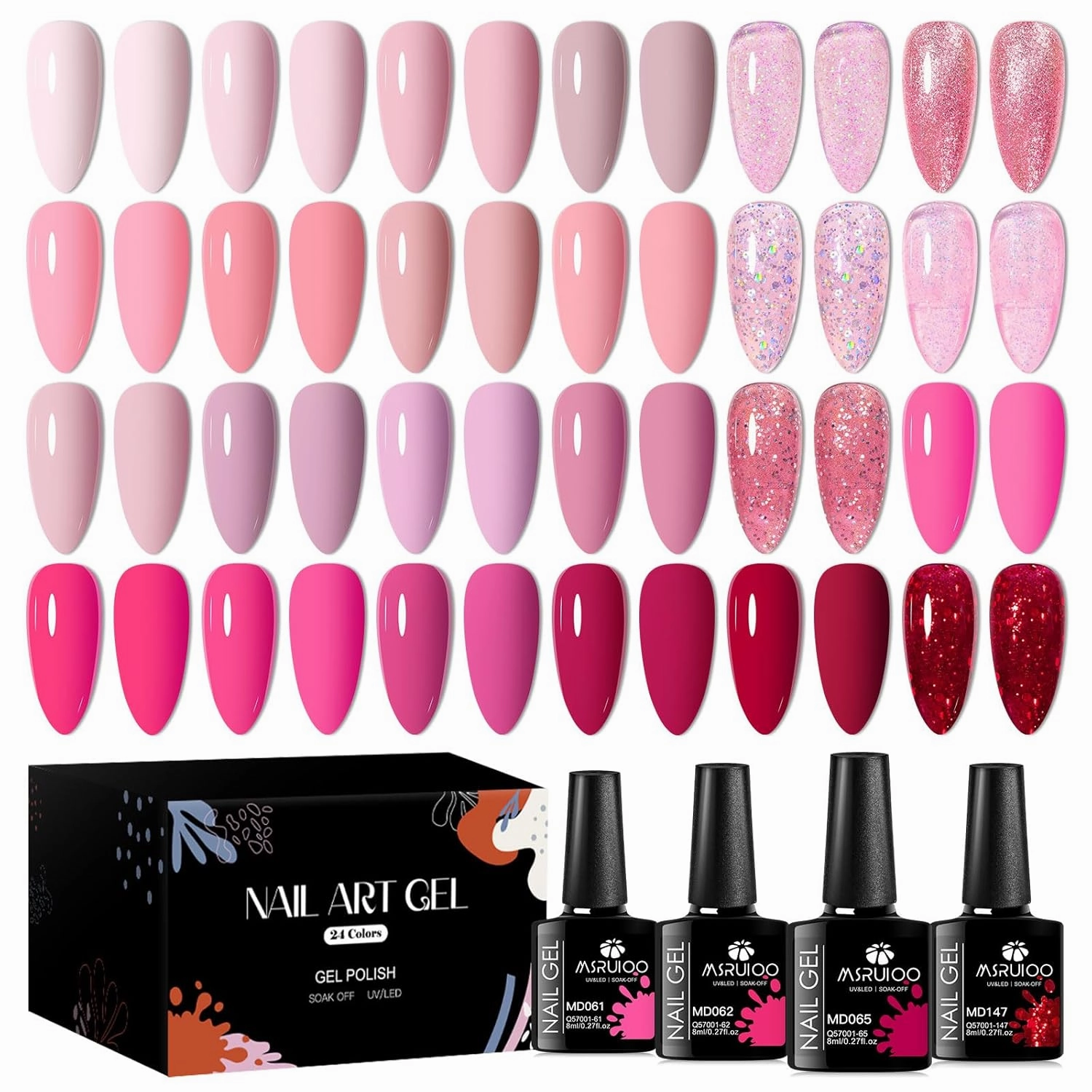 Pink Gel Nail Polish Set 24 Colors Hot Pink Shades Neon Pink Light Bright Pink Glitter Red Nude Skin Tones Neutral Nail Art Design for Women Girl Nail Lovers Gift Salon DIY
