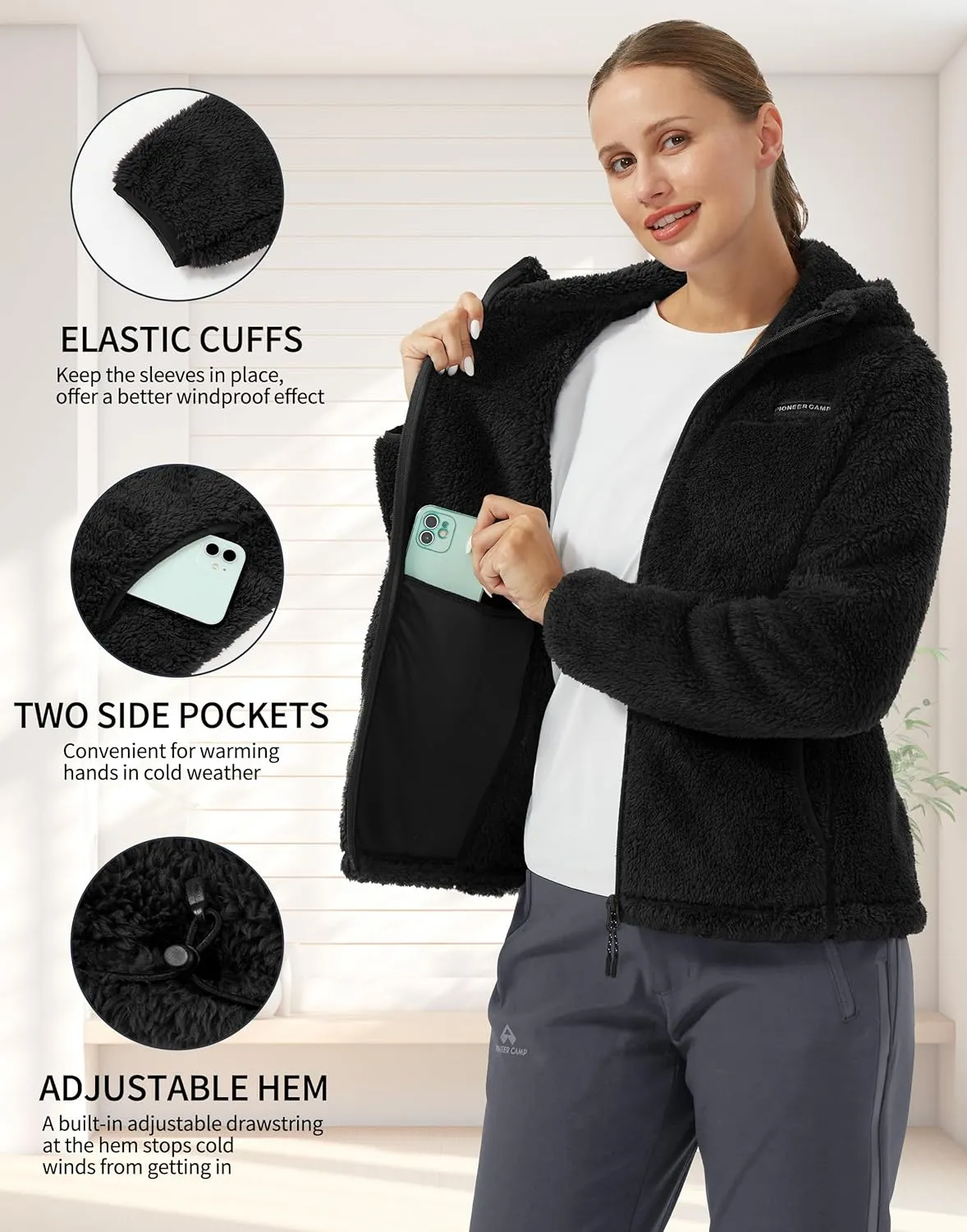 Pioneer Camp Women's Fuzzy Fleece Jacket Full Zip Up Lightweight Warm Soft Fleece Coat with hood for Spring Fall Winter