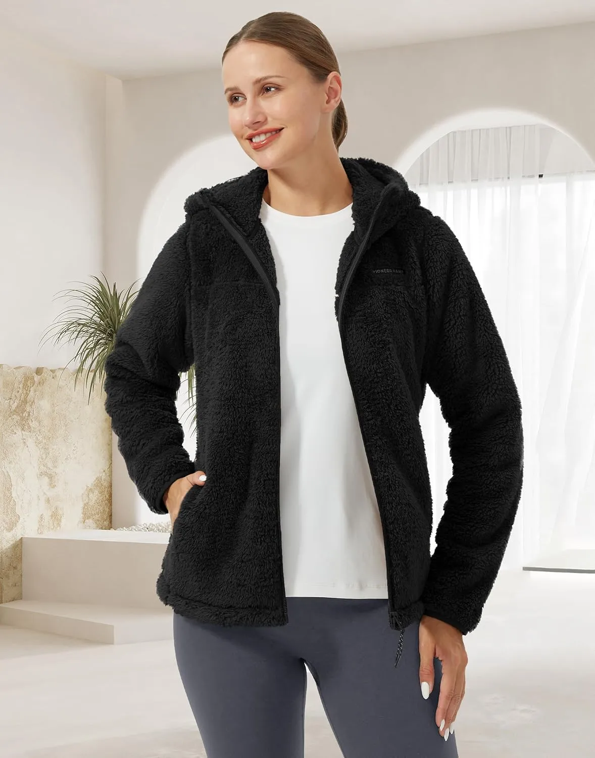 Pioneer Camp Women's Fuzzy Fleece Jacket Full Zip Up Lightweight Warm Soft Fleece Coat with hood for Spring Fall Winter