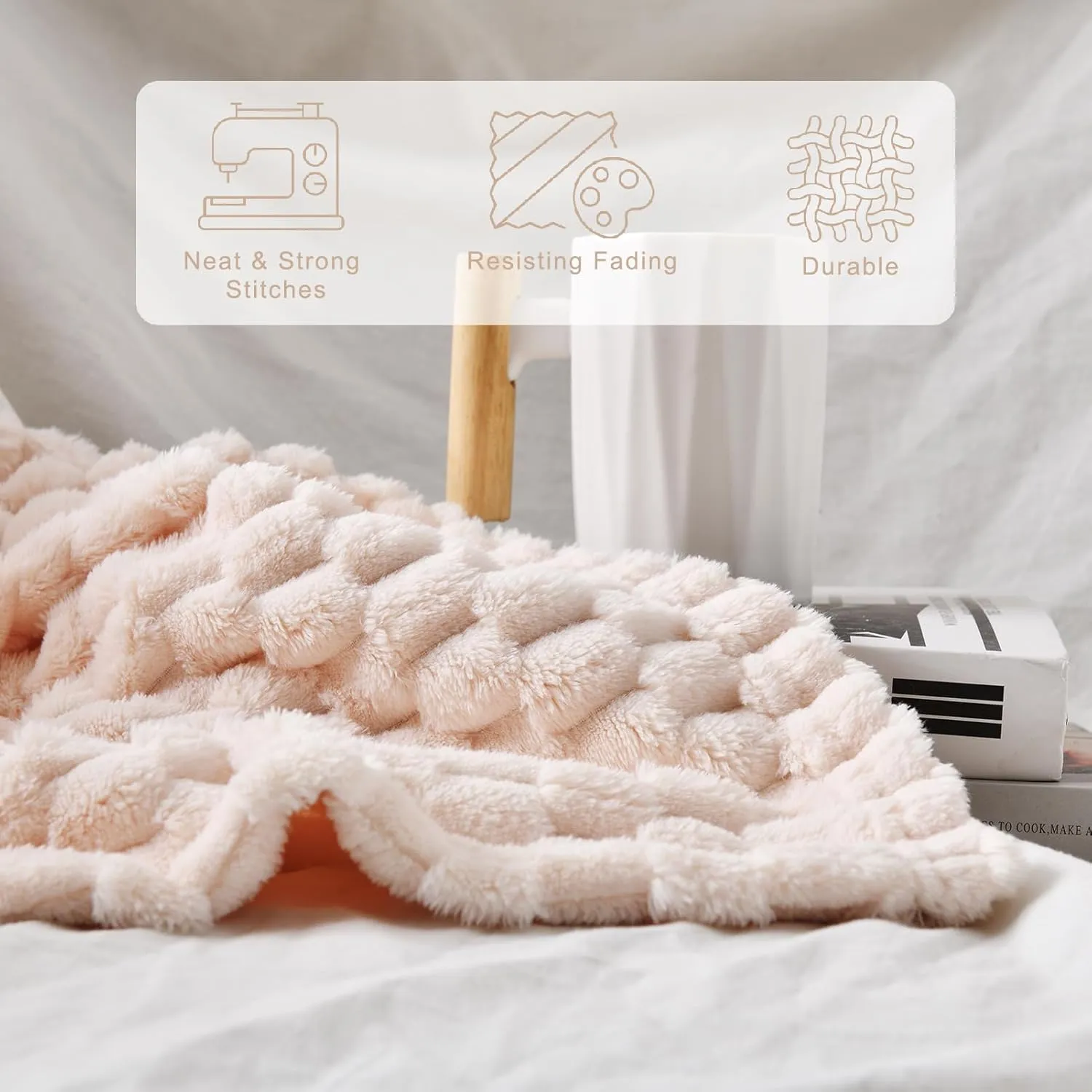 PLEASANT BOULEVARD Fleece Throw Blanket for Couch with 3D Turtle Shell Jacquard Soft Blanket, Fuzzy Blanket for All Seasons 50x60 Inches, Beige