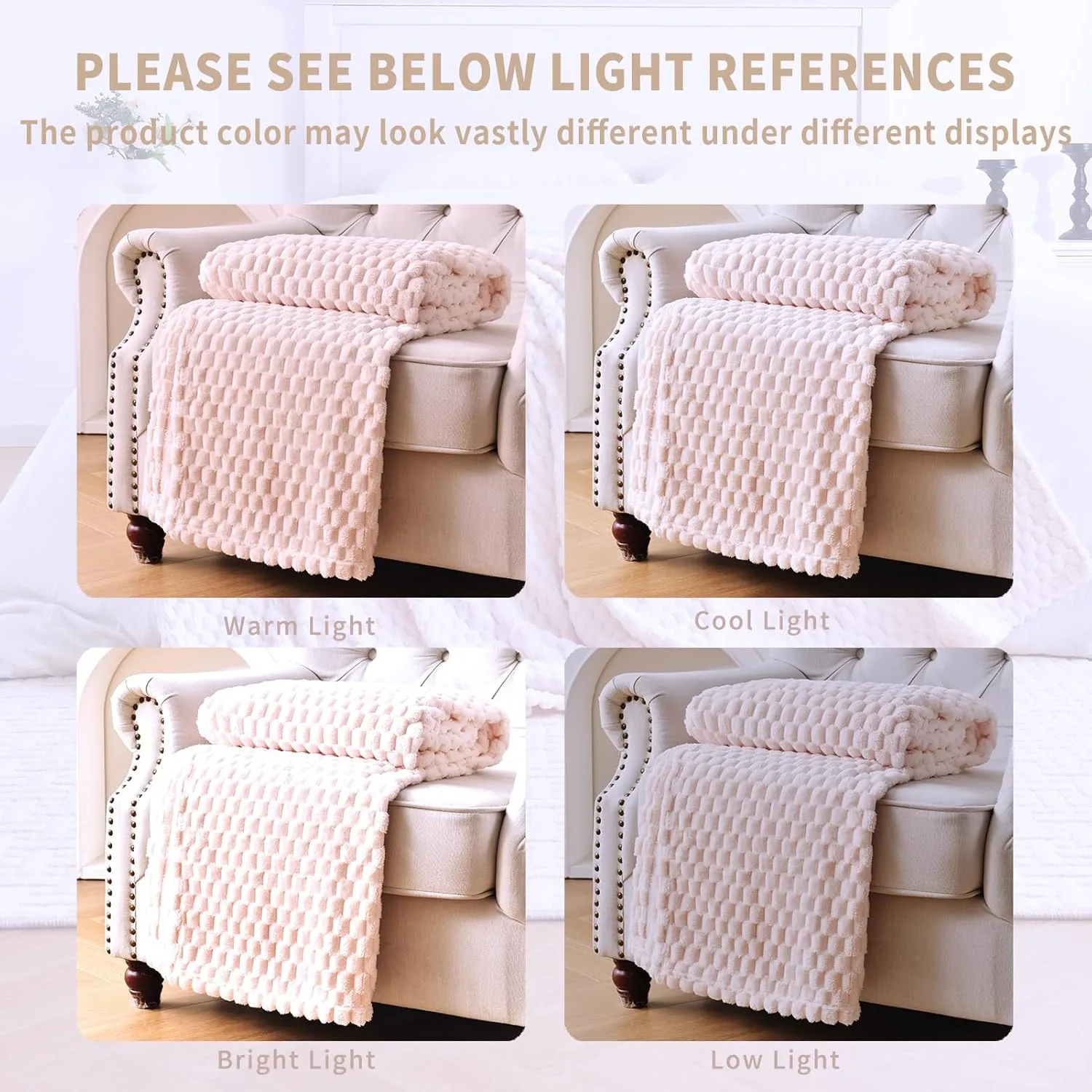 PLEASANT BOULEVARD Fleece Throw Blanket for Couch with 3D Turtle Shell Jacquard Soft Blanket, Fuzzy Blanket for All Seasons 50x60 Inches, Beige