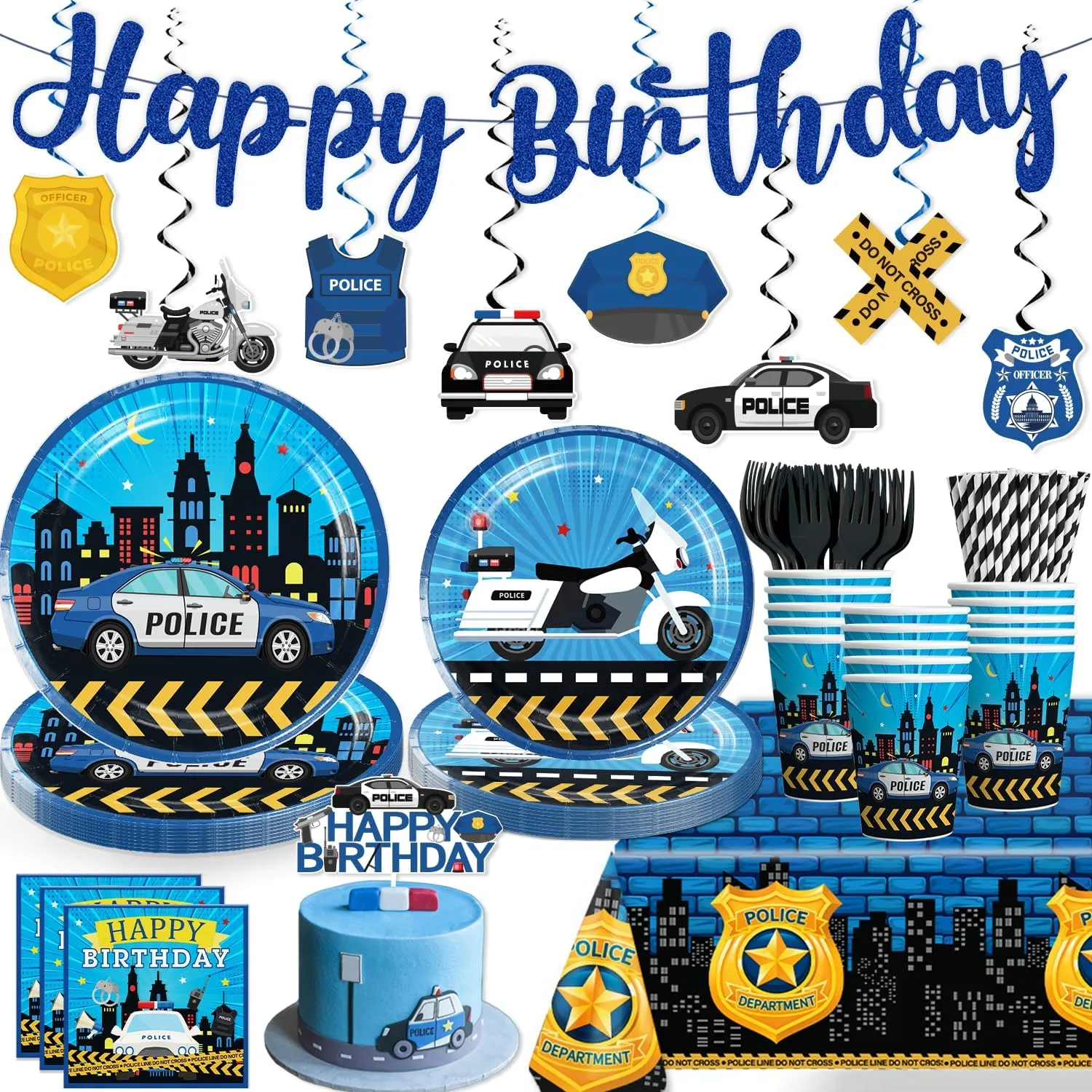 Police Birthday Party Decorations Set, 162 PCS Tableware Kit with Plates, Napkins, Cups, Forks, Straws, Caketopper, Tablecloth, Glitter Banner & Hanging Swirls, 300gsm Cardstock, for 25 Guests