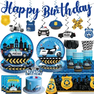 Police Birthday Party Decorations Set, 162 PCS Tableware Kit with Plates, Napkins, Cups, Forks, Straws, Caketopper, Tablecloth, Glitter Banner & Hanging Swirls, 300gsm Cardstock, for 25 Guests
