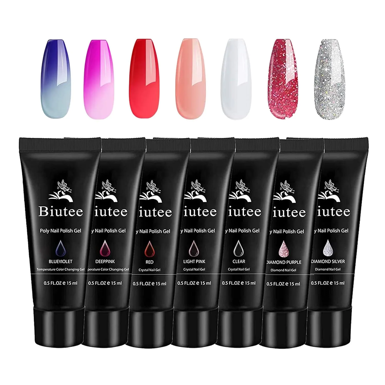 Poly Extension Gel Set, 7 Colors Poly Nail Builder Gel Temperature Color Change Glitter Clear Pink Nail Extension Gel Enhancement Set for Manicure Starter DIY at Home