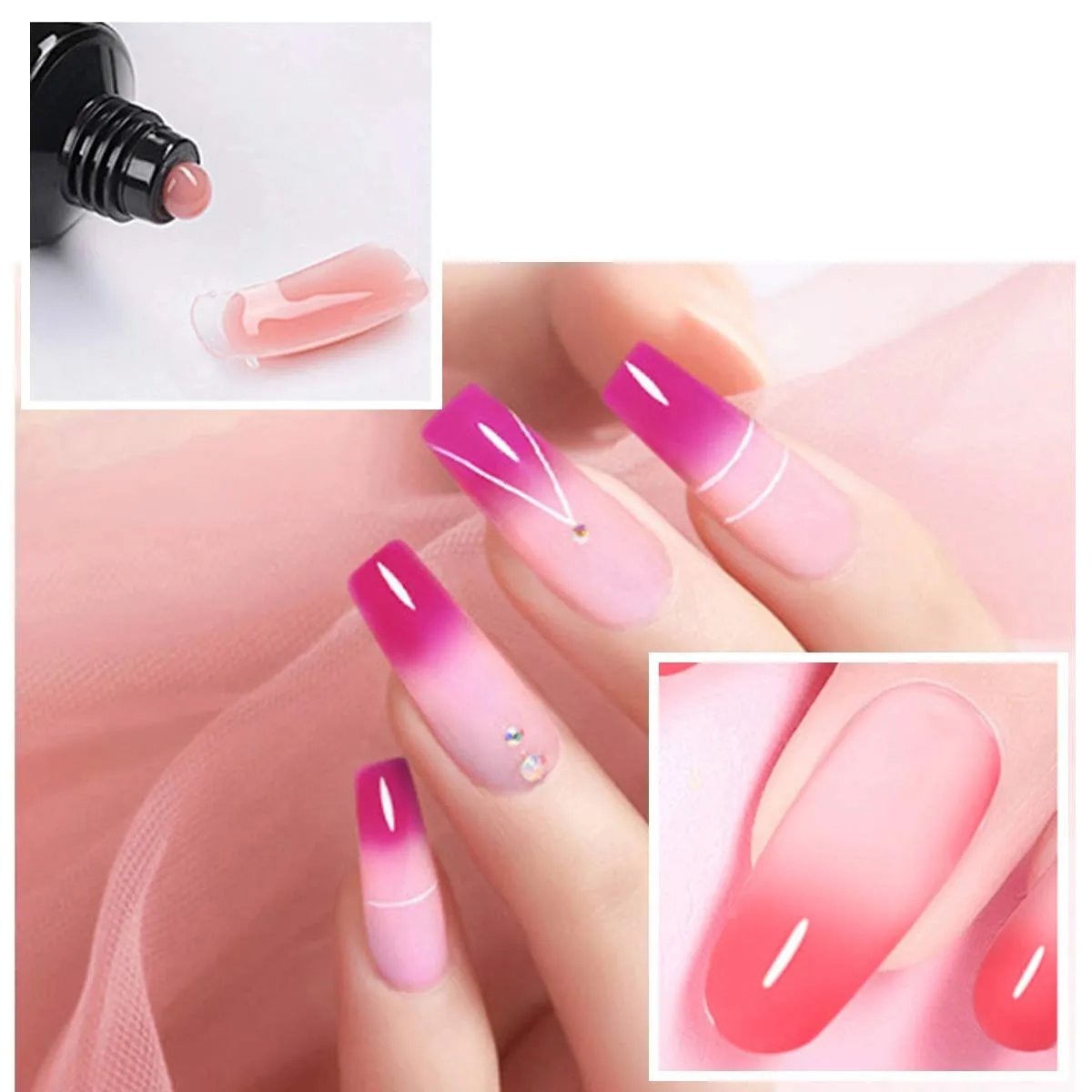 Poly Extension Gel Set, 7 Colors Poly Nail Builder Gel Temperature Color Change Glitter Clear Pink Nail Extension Gel Enhancement Set for Manicure Starter DIY at Home