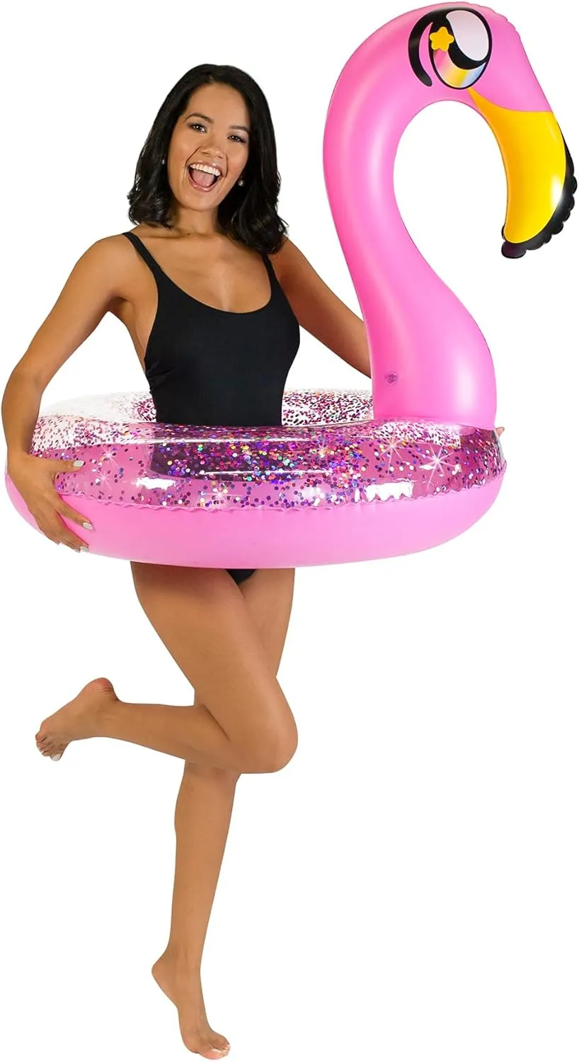 PoolCandy Glitter Animals Pool Tube 36" Inflatable Pink Flamingo Pool Float