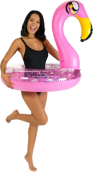PoolCandy Glitter Animals Pool Tube 36" Inflatable Pink Flamingo Pool Float
