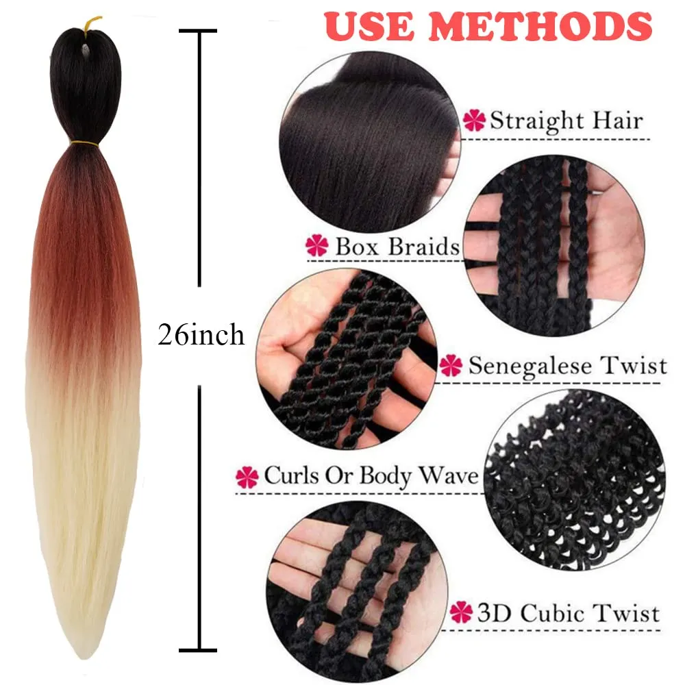 Pre Stretched Braiding Hair Extensions 26 Inch 6 Pcs Phoenixfly Ombre Braiding Hair Professional Crochet Braiding Hair for Box Braids Senegal Twist Hair Extensions(Black to Brown to Beige)