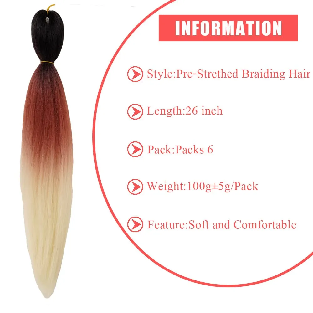 Pre Stretched Braiding Hair Extensions 26 Inch 6 Pcs Phoenixfly Ombre Braiding Hair Professional Crochet Braiding Hair for Box Braids Senegal Twist Hair Extensions(Black to Brown to Beige)