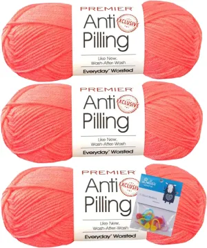 Premier Yarns Everyday Soft Worsted Anti-Pilling Crochet Knitting Yarn 3.5 Oz Each Skein #4 Worsted Weight 3 Pack Bundle with Bella's Crafts Stitch Markers (Coral)