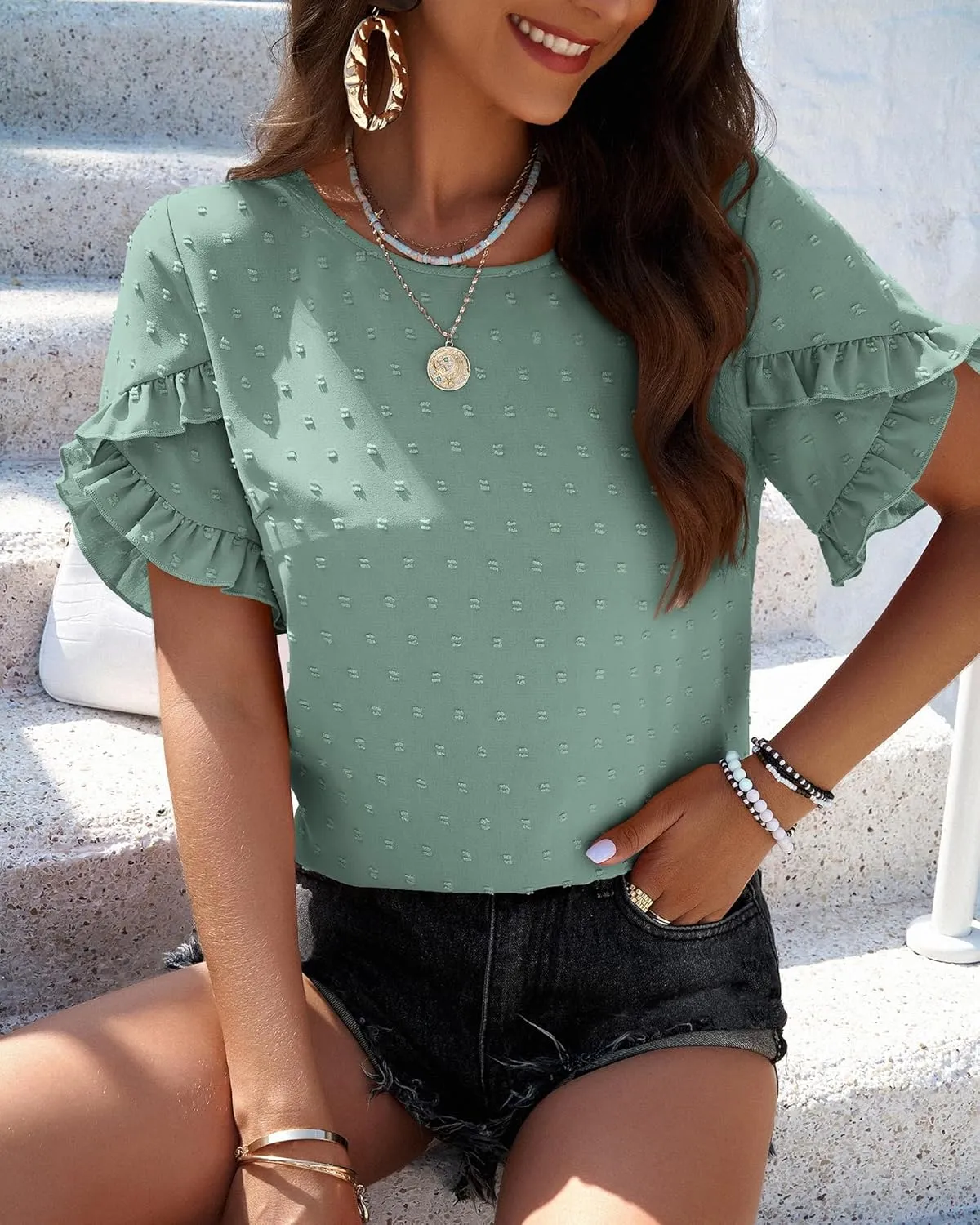 PRETTYGARDEN Women's Tops 2025 Summer Ruffle Short Sleeve Crewneck Blouses Swiss Dots Solid Loose Tunics Work Shirts