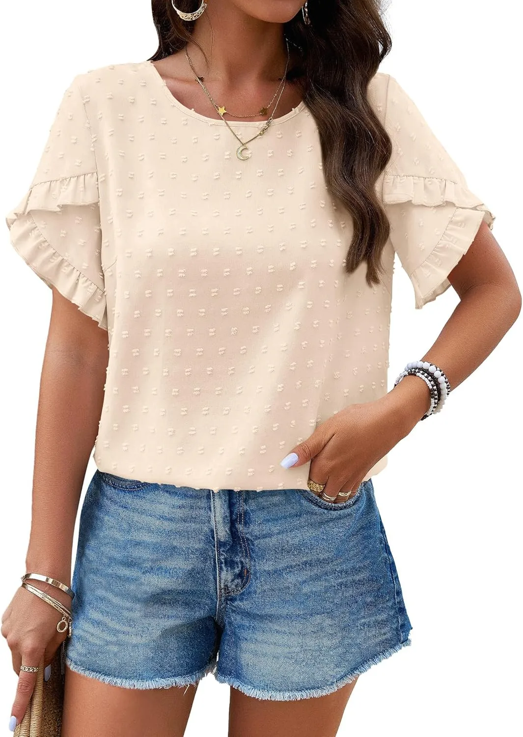 PRETTYGARDEN Women's Tops 2025 Summer Ruffle Short Sleeve Crewneck Blouses Swiss Dots Solid Loose Tunics Work Shirts