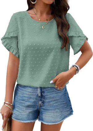 PRETTYGARDEN Women's Tops 2025 Summer Ruffle Short Sleeve Crewneck Blouses Swiss Dots Solid Loose Tunics Work Shirts
