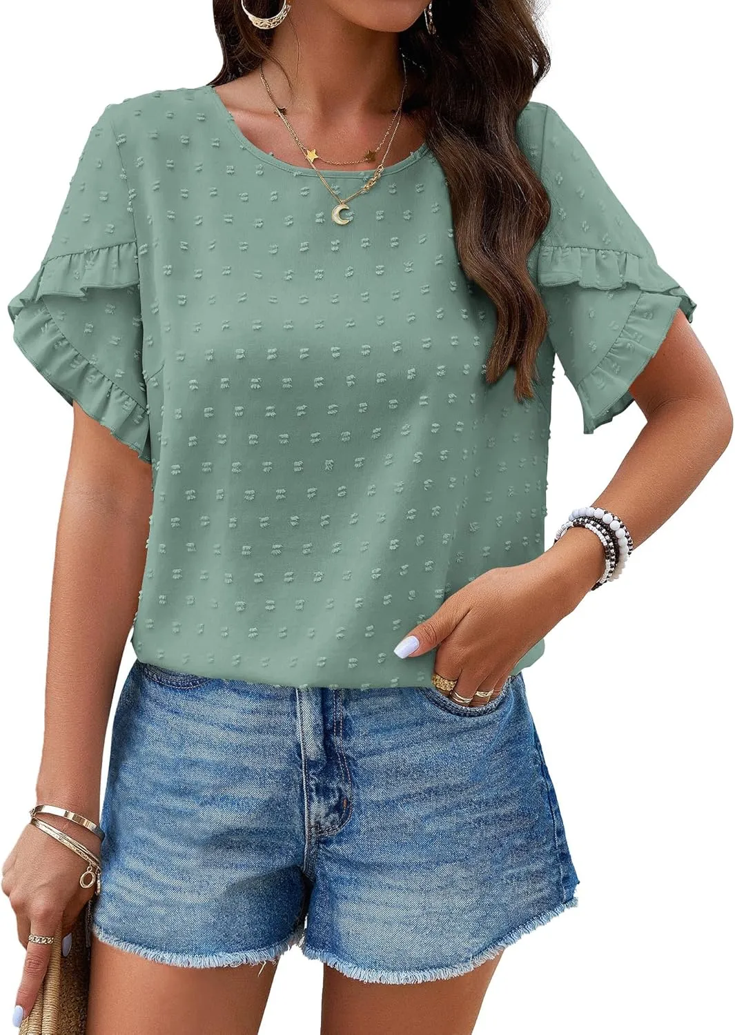 PRETTYGARDEN Women's Tops 2025 Summer Ruffle Short Sleeve Crewneck Blouses Swiss Dots Solid Loose Tunics Work Shirts