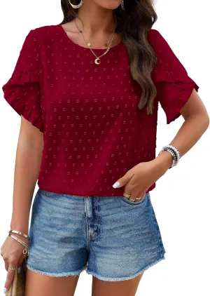 PRETTYGARDEN Women's Tops 2025 Summer Ruffle Short Sleeve Crewneck Blouses Swiss Dots Solid Loose Tunics Work Shirts