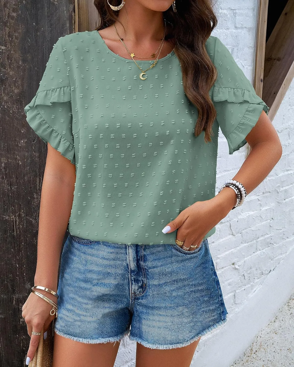 PRETTYGARDEN Women's Tops 2025 Summer Ruffle Short Sleeve Crewneck Blouses Swiss Dots Solid Loose Tunics Work Shirts