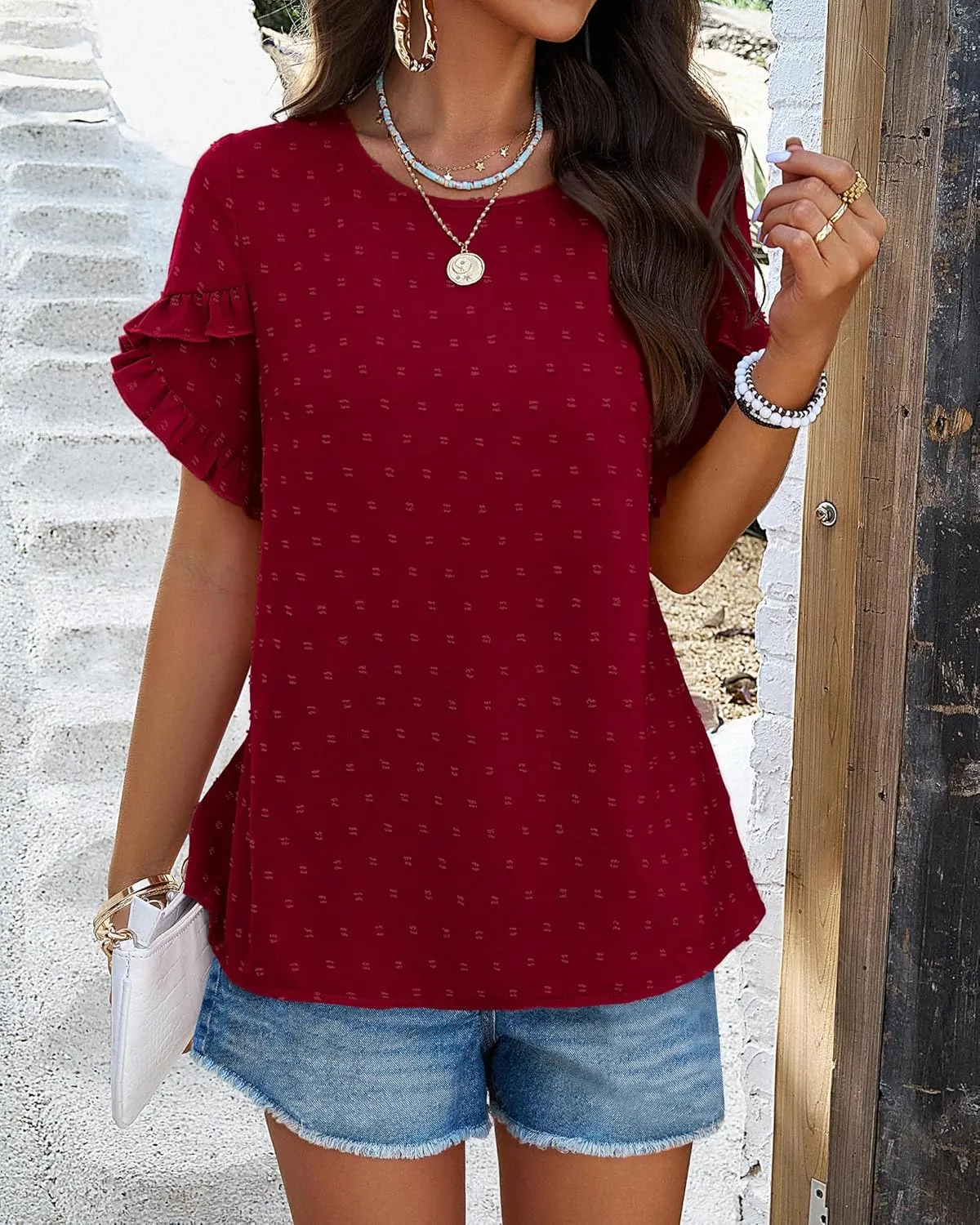 PRETTYGARDEN Women's Tops 2025 Summer Ruffle Short Sleeve Crewneck Blouses Swiss Dots Solid Loose Tunics Work Shirts