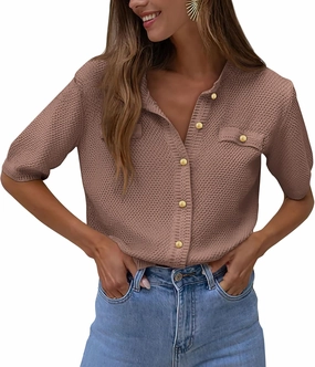 PRETTYGARDEN Women's Summer Button Down Shirts Casual Short Sleeve Crew Neck Ribbed Knit Blouse Top Cardigans