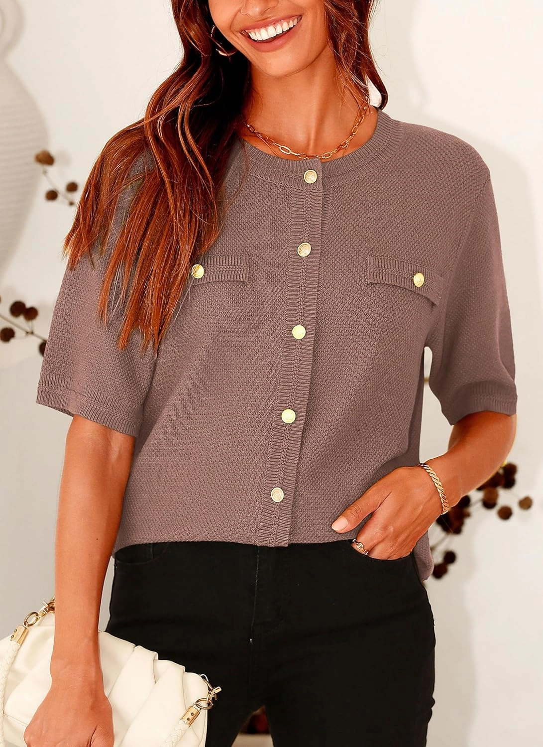 PRETTYGARDEN Women's Summer Button Down Shirts Casual Short Sleeve Crew Neck Ribbed Knit Blouse Top Cardigans