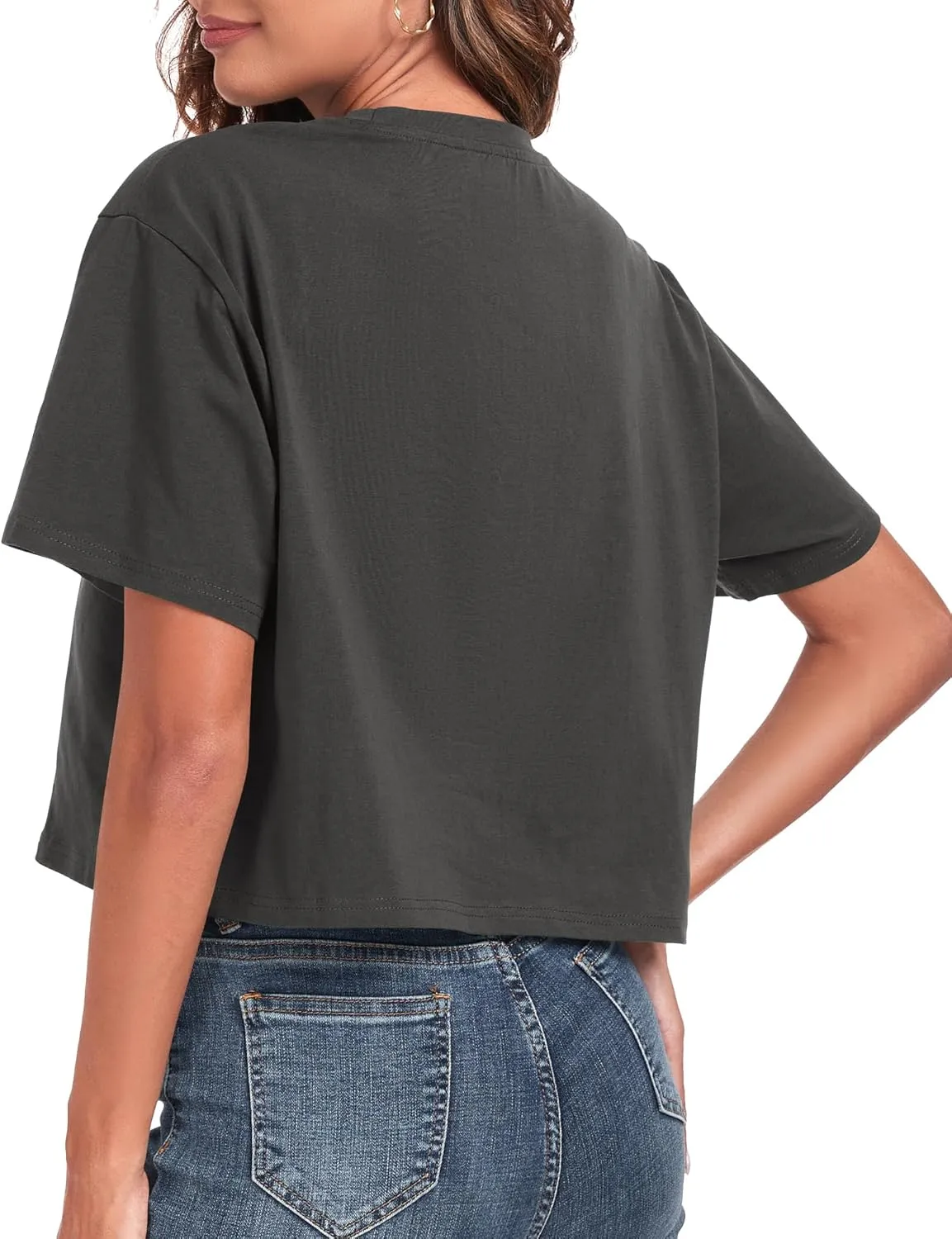 PRIMODA Women's Oversized Workout Cropped T Shirts Crew Neck Short Sleeve Casual Loose Summer Crop Tee Tops Cotton