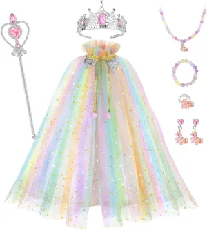 Princess Dress Up for Girls 3 4 5 6 7 8, Toddler Clothes Playset with Cape, Crown, Wand & Jewelry, Kids Costume Toys for Birthday Gift