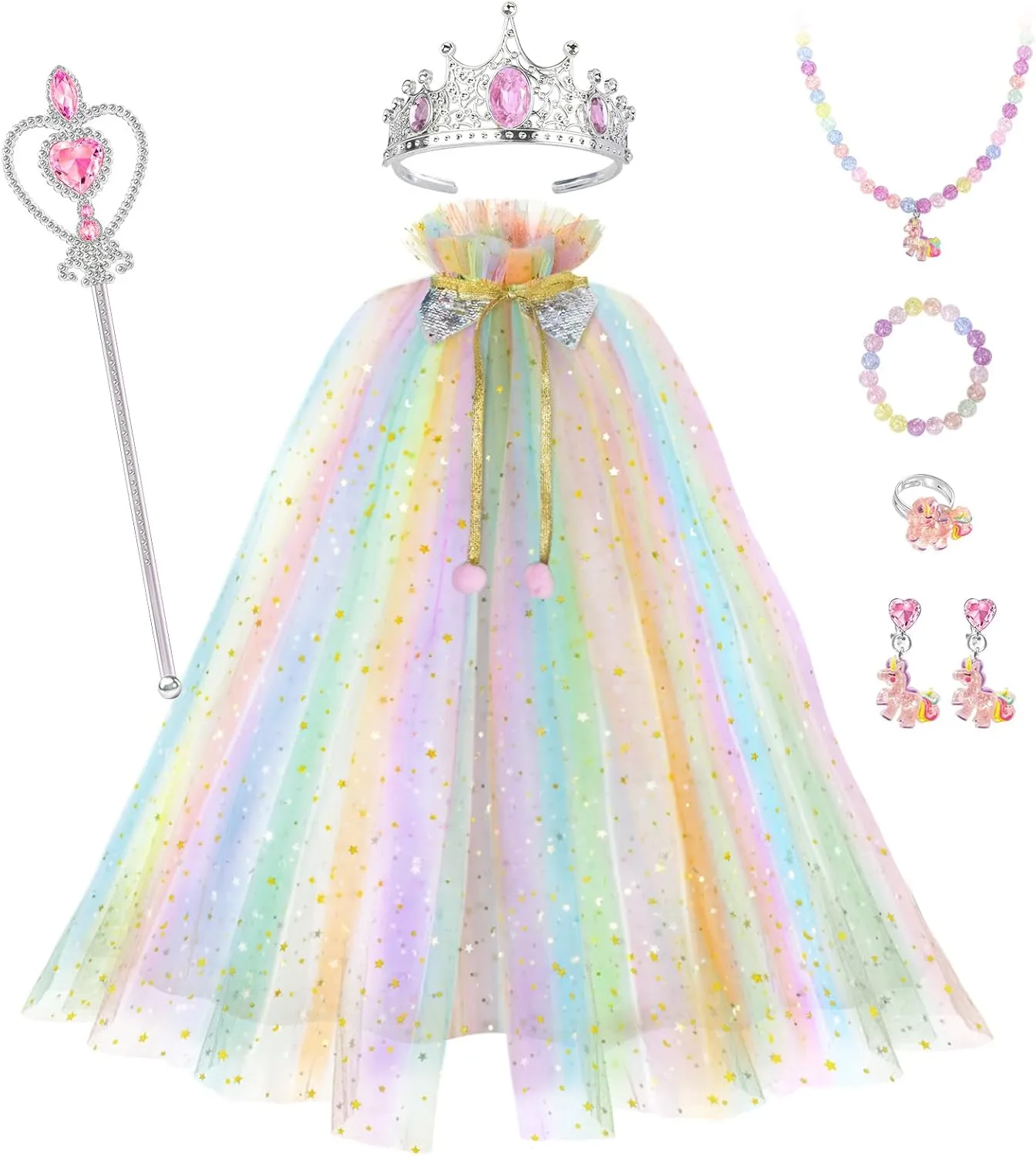 Princess Dress Up for Girls 3 4 5 6 7 8, Toddler Clothes Playset with Cape, Crown, Wand & Jewelry, Kids Costume Toys for Birthday Gift
