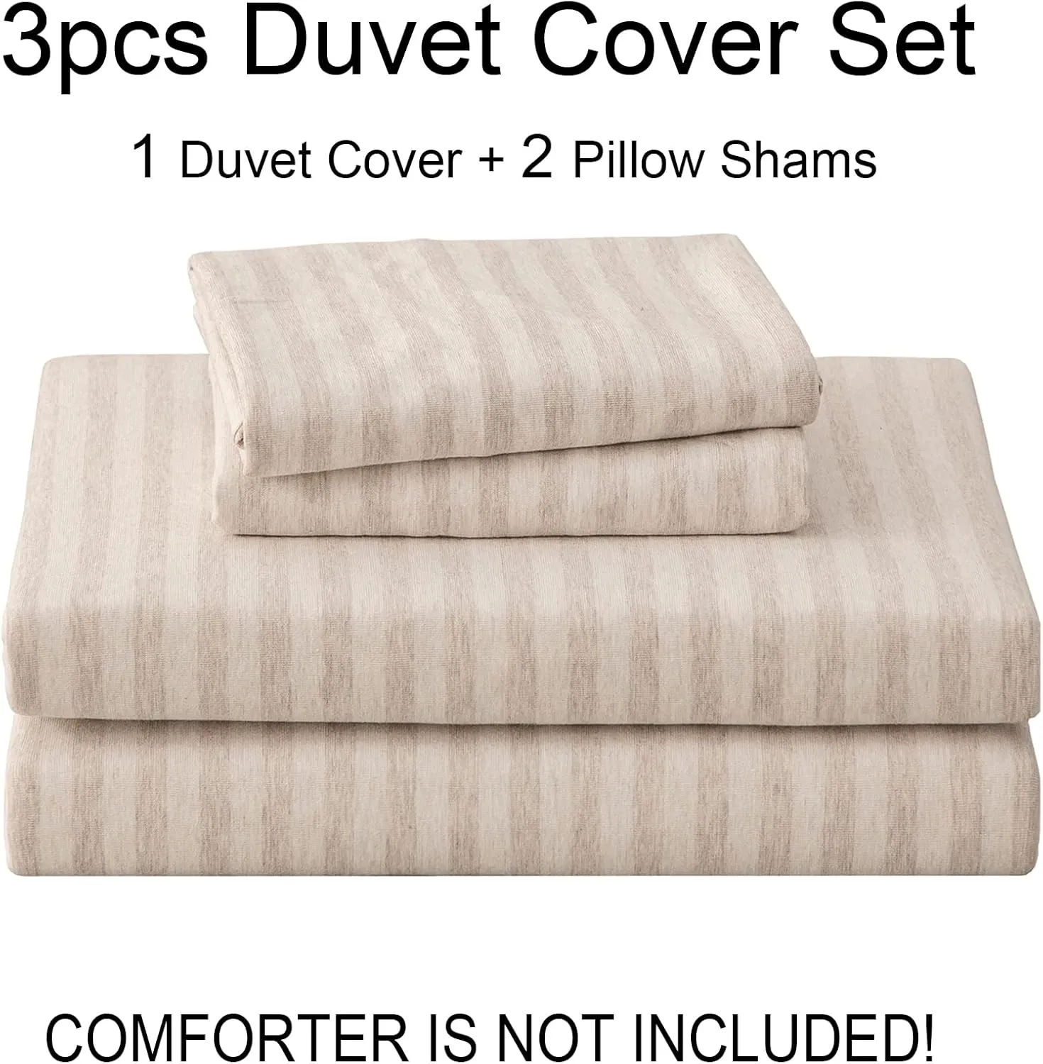 PURE ERA Jersey Knit Duvet Cover Set 100% T-Shirt Heather Cotton Super Soft Comfy Classic Striped Design, with Zipper Closure, Heather Beige Stripe, King