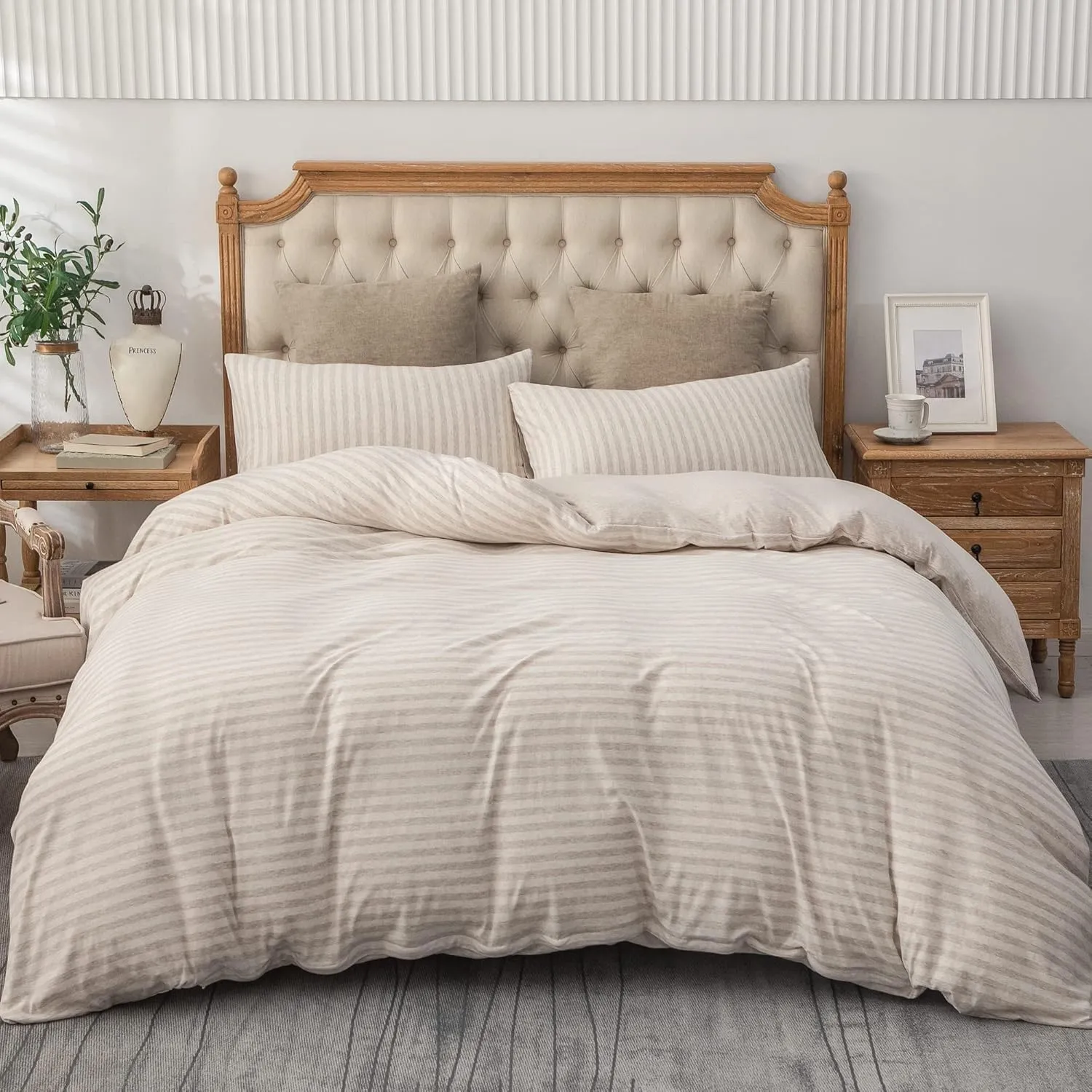 PURE ERA Jersey Knit Duvet Cover Set 100% T-Shirt Heather Cotton Super Soft Comfy Classic Striped Design, with Zipper Closure, Heather Beige Stripe, Queen