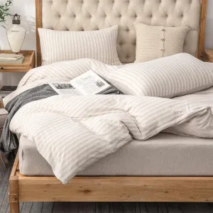 PURE ERA Jersey Knit Duvet Cover Set 100% T-Shirt Heather Cotton Super Soft Comfy Classic Striped Design, with Zipper Closure, Heather Beige Stripe, Queen