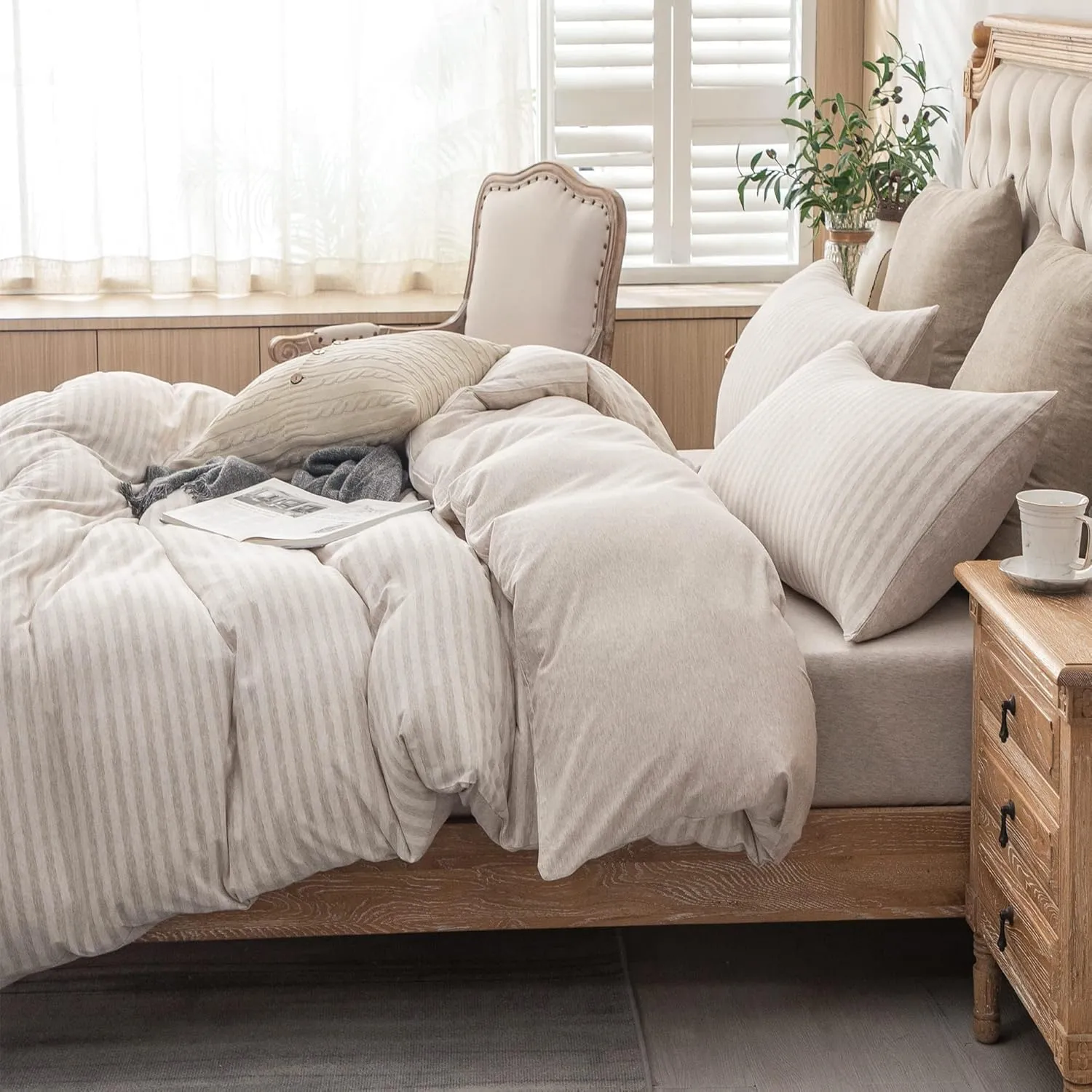 PURE ERA Jersey Knit Duvet Cover Set 100% T-Shirt Heather Cotton Super Soft Comfy Classic Striped Design, with Zipper Closure, Heather Beige Stripe, Queen