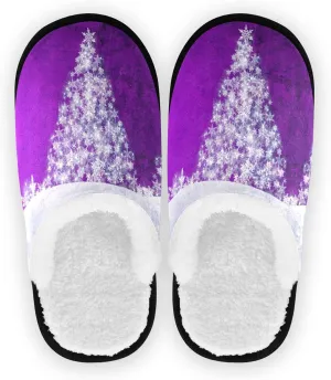 Purple Christmas Snowflakes Fuzzy Women's Slippers, Winter Pine Tree MediumCoral Fleece Travel House Shoes Indoor Outdoor