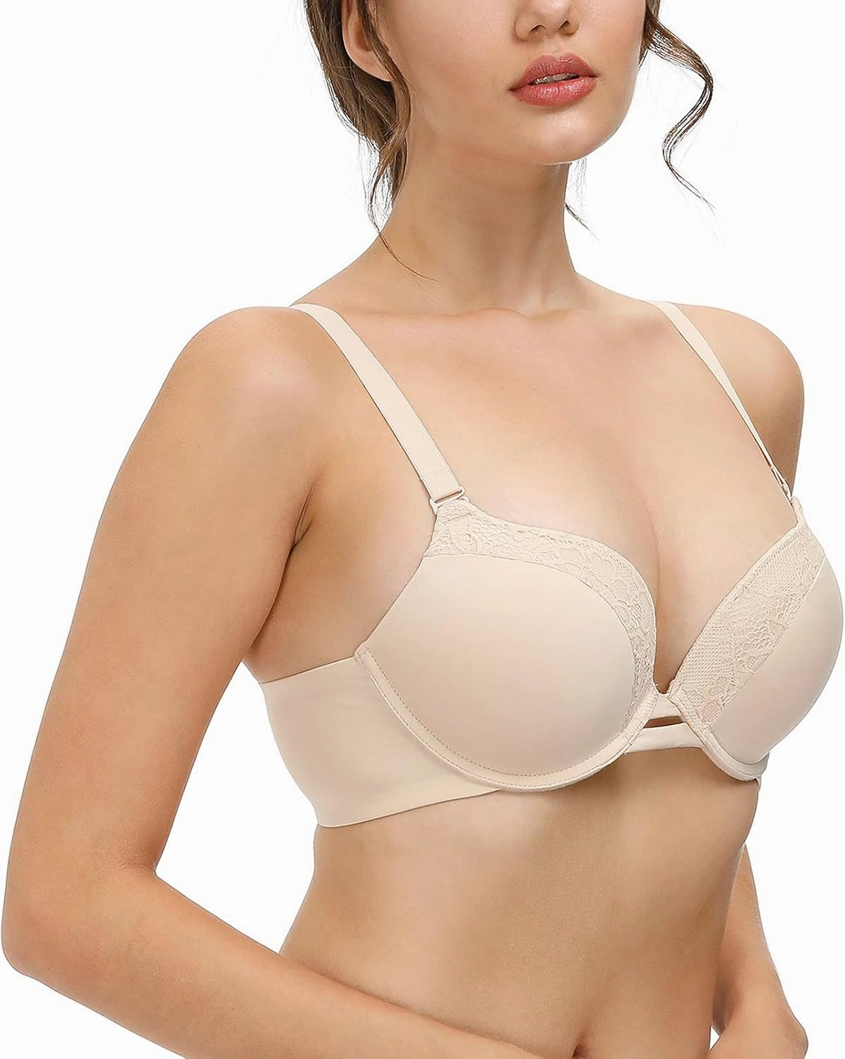 Push Up Thick Padded Plunge Underwire T Shirt Lace Bra Lift Support for Women Add One Cup