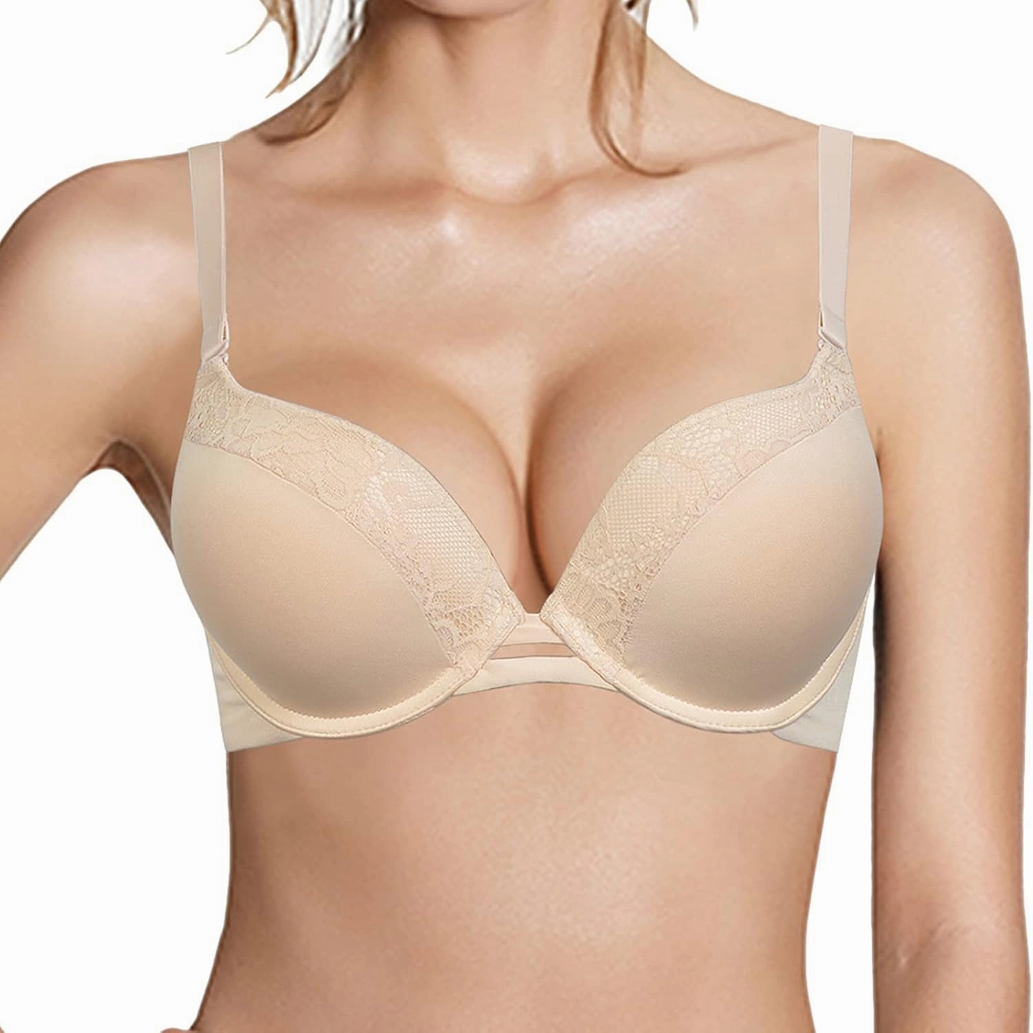 Push Up Thick Padded Plunge Underwire T Shirt Lace Bra Lift Support for Women Add One Cup