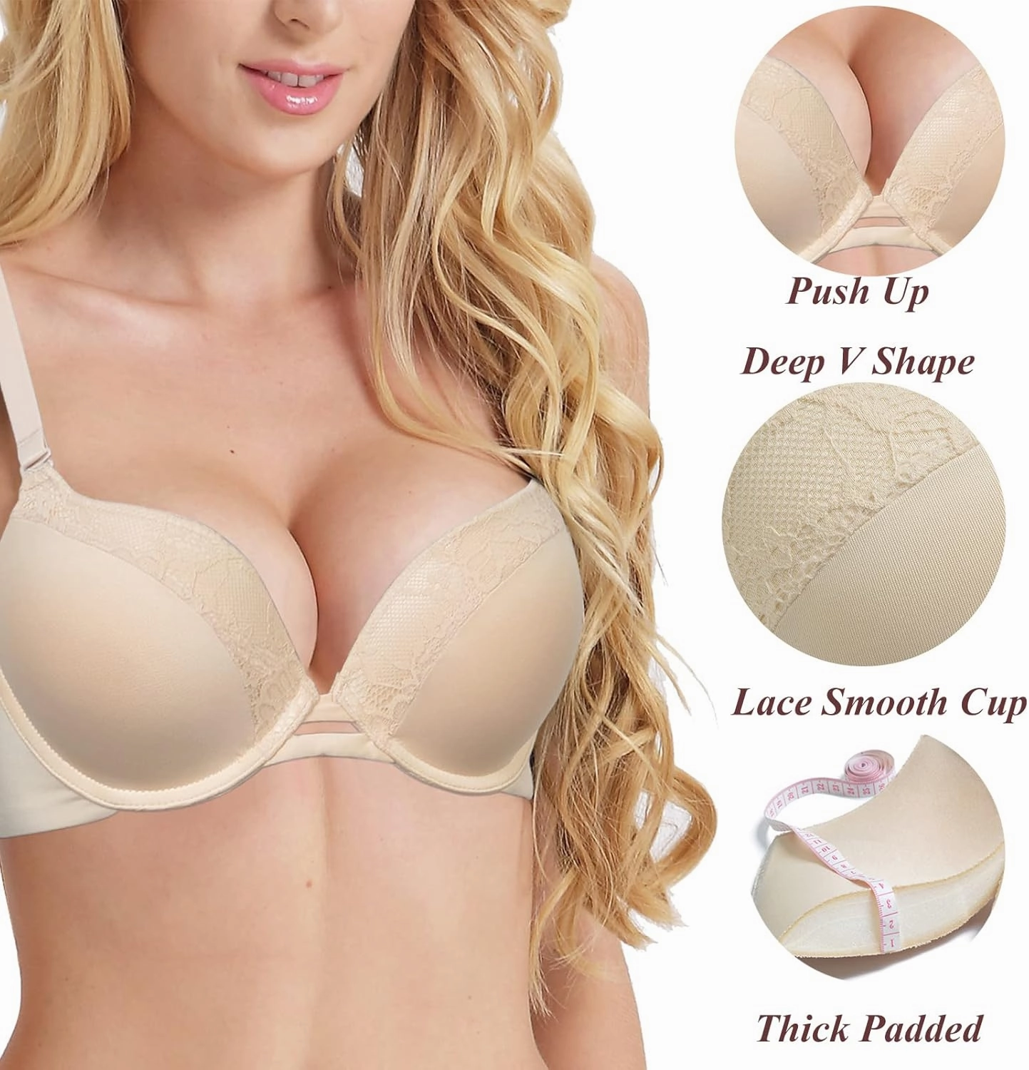 Push Up Thick Padded Plunge Underwire T Shirt Lace Bra Lift Support for Women Add One Cup