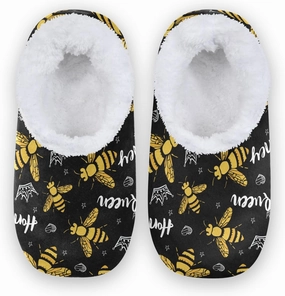 Queen Honey Bee Black Fuzzy Memory Foam Closed Back Slippers for Women Men Knit Fleece Lined House Shoes with Anti-Skid Sole Warm Socks for Indoor Outdoor Hotel Bedroom